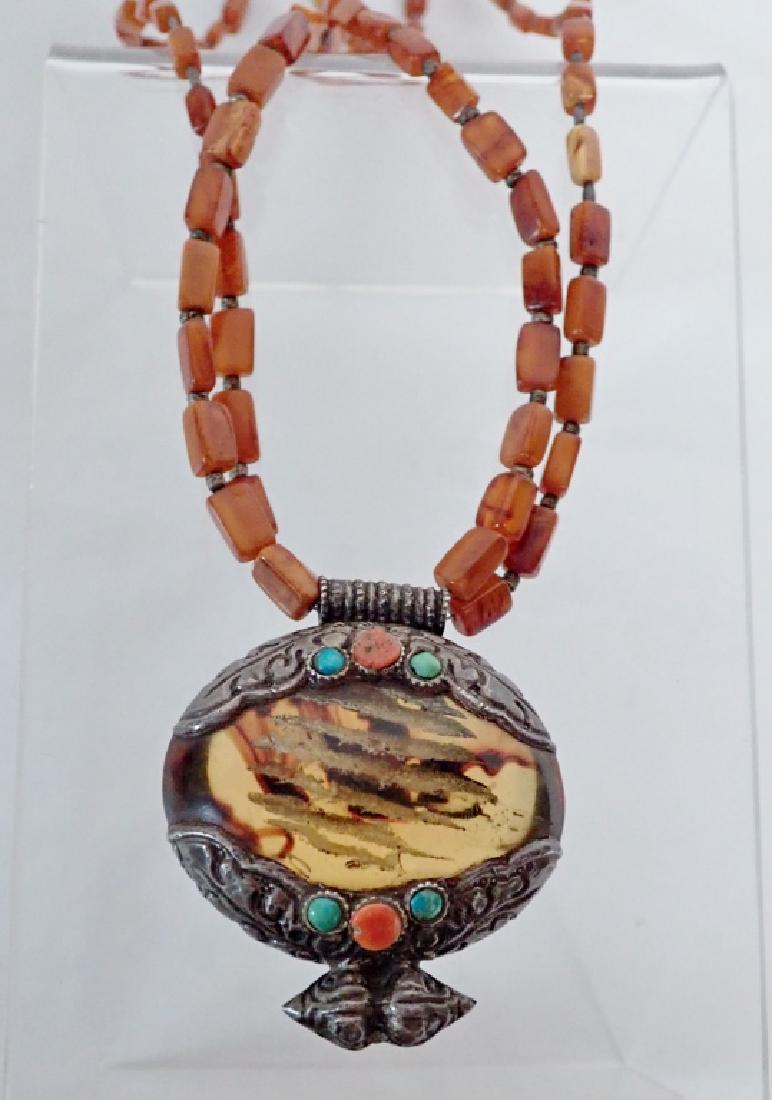 Chinese Amber Necklace, Silver & Turquoise Pendant (1 of 9)