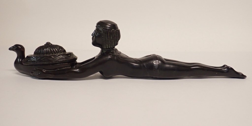 Patinated Metal Egyptian Censer Incense Burner: From the Estate of Marty Prail. Art Deco Patinated Metal Egyptian Woman Censer Incense Burner. Imperfections. Dimensions: 3.5" H x 13.5" W x 2" D.(art nouveau, collectible, incense, Egypt, vintage, de