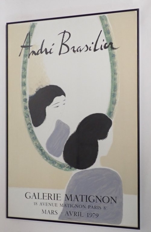 Galerie Matignon Andre Brasilier Art Lithograph: Vintage Lithograph Poster Print.Reads in part: Andre Brasilier / Galerie Matignon / Paris / 1979 / Mourlot.Framed under glass. Height: 32 1/8"; Width: 21 3/8". STERLING ASSOCIATES STRIVES TO PROVIDE A