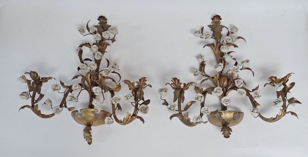 Pair Vintage Tole Metal & Porcelain Wall Sconces (1 of 10)