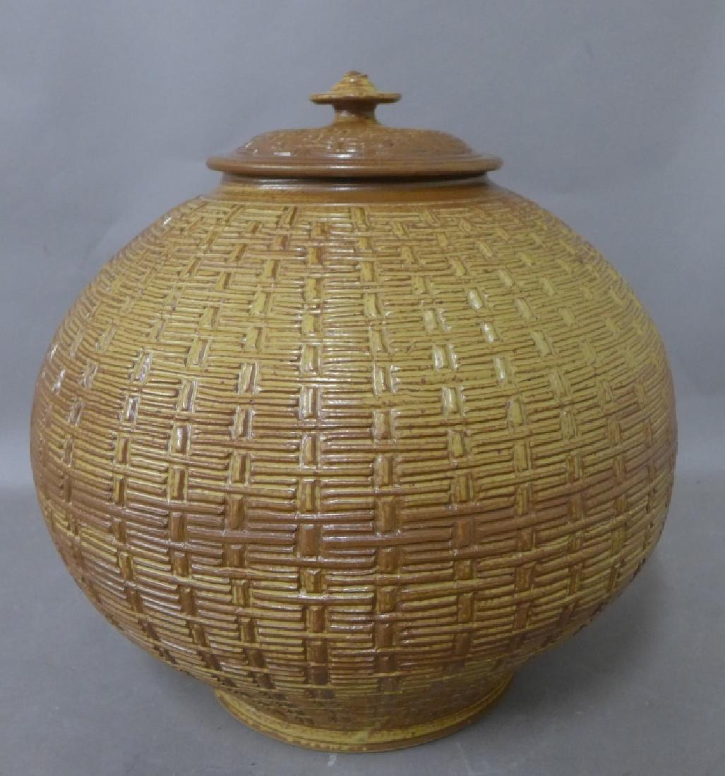 Basket Weave Impressed Ceramic Covered Jar (1 of 8)