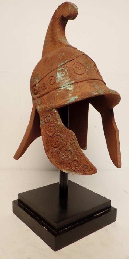 Replica Warrior Helmet Statue: Sculpture of a Greek Helmet on base. Fiberglass, decor for interior and exterior in gardens and terraces. Dimensions: 24.5" H x 10.75" W x 11" D. (Macedonian, Phrygian, Thracian, Uniform, War, Army, R