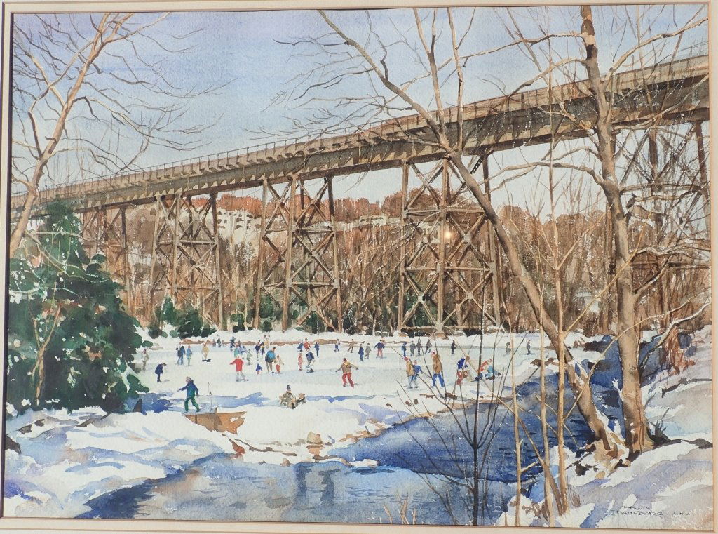 Edwin Dahlberg (1901 - 1984): Vintage framed watercolor by Edwin Lennart Dahlberg who was active/lived in New York, Wisconsin. Edwin Dahlberg is known for landscape, coastal views.Route 9W passes above, rather than through, the ti