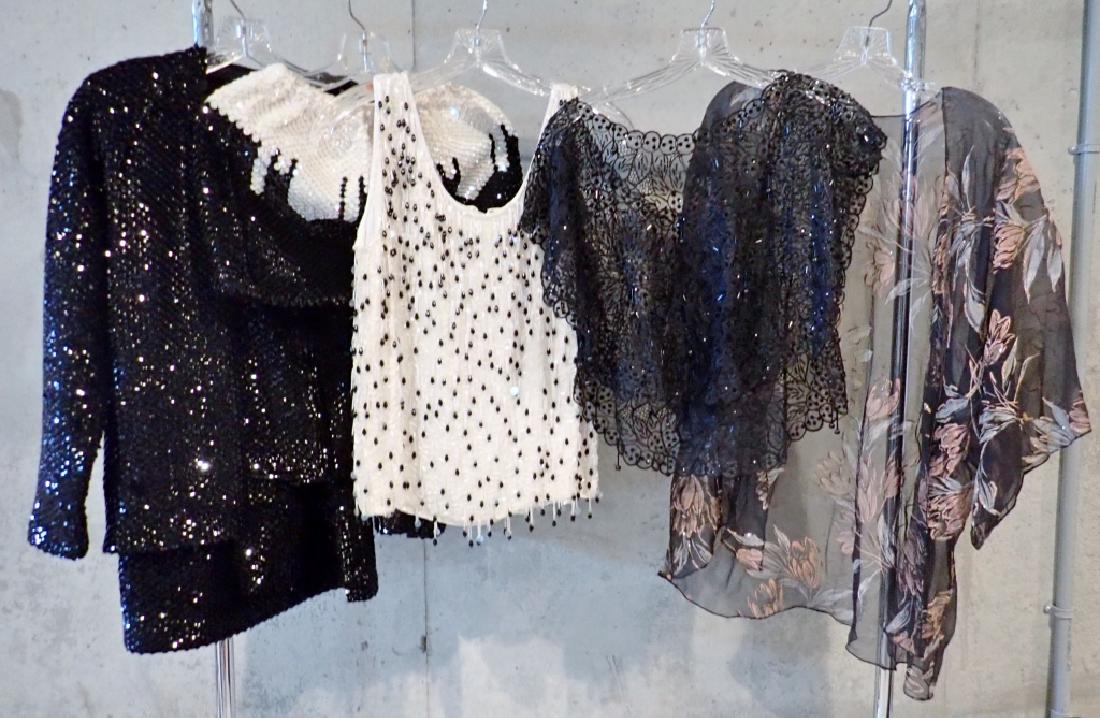 Assorted Ladies Vintage Sequined Clothing: From the Estate of Joyce Dankoff. Total of seven pieces featuring tops and skirt set with bead or sequin work. Various sizes and styles. Length of black sequin skirt: 24". Imperfections, age. These la