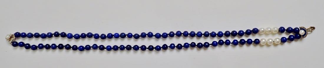 Lapus & Pearl Bead Necklace: From the Estate of Joyce Dankoff. Necklace features lapus and pearl beads. Floral design clasp with center pearl. Length: 16". Clasp marked 14kts (jewelry, fashion, accessory, design) STERLING ASSOCIA