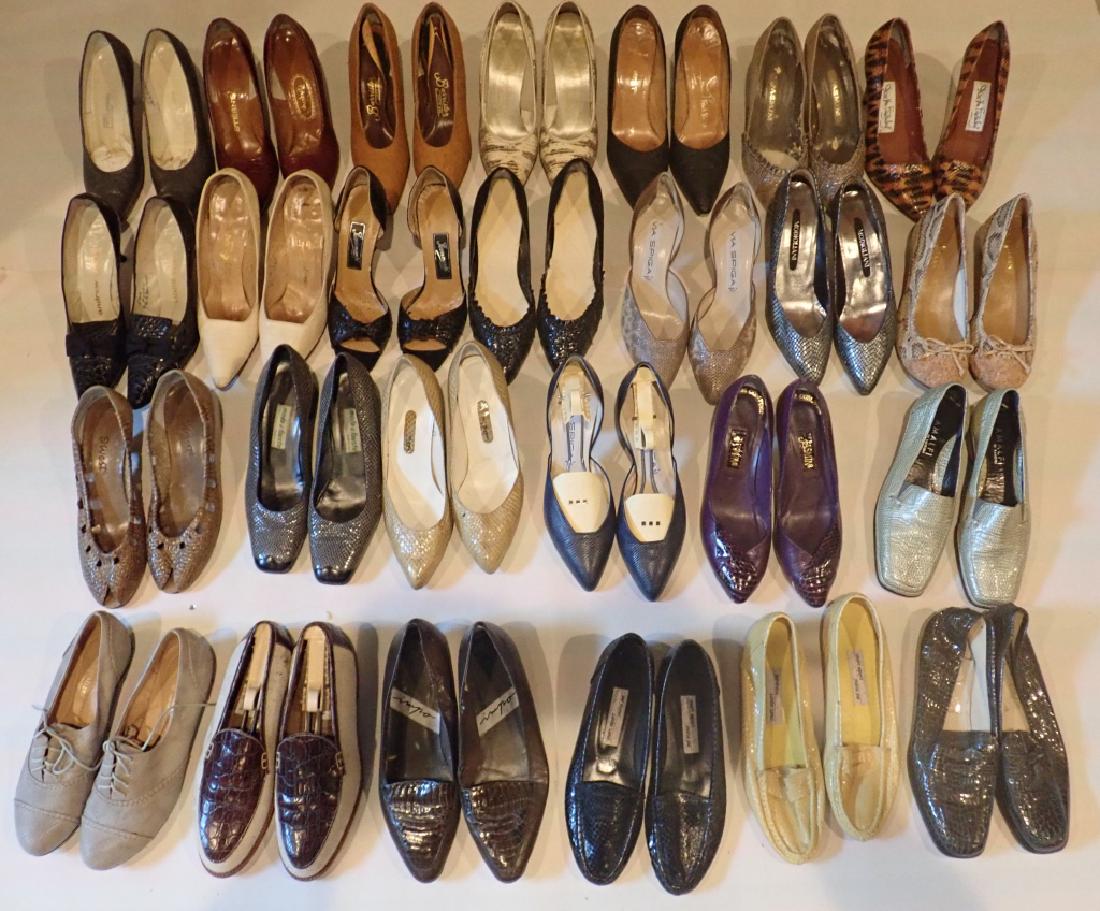 Assortment of Leather, Snake & Eel Skin Shoes: From the Estate of Joyce Dankoff. 26 pairs of Ladies dress shoes. Features a variety of possible snake, eel and leather. Labels include: Marc Alpert, Maria Pia, Saks Fifth Ave, Naturalize, Amalfi, Jas
