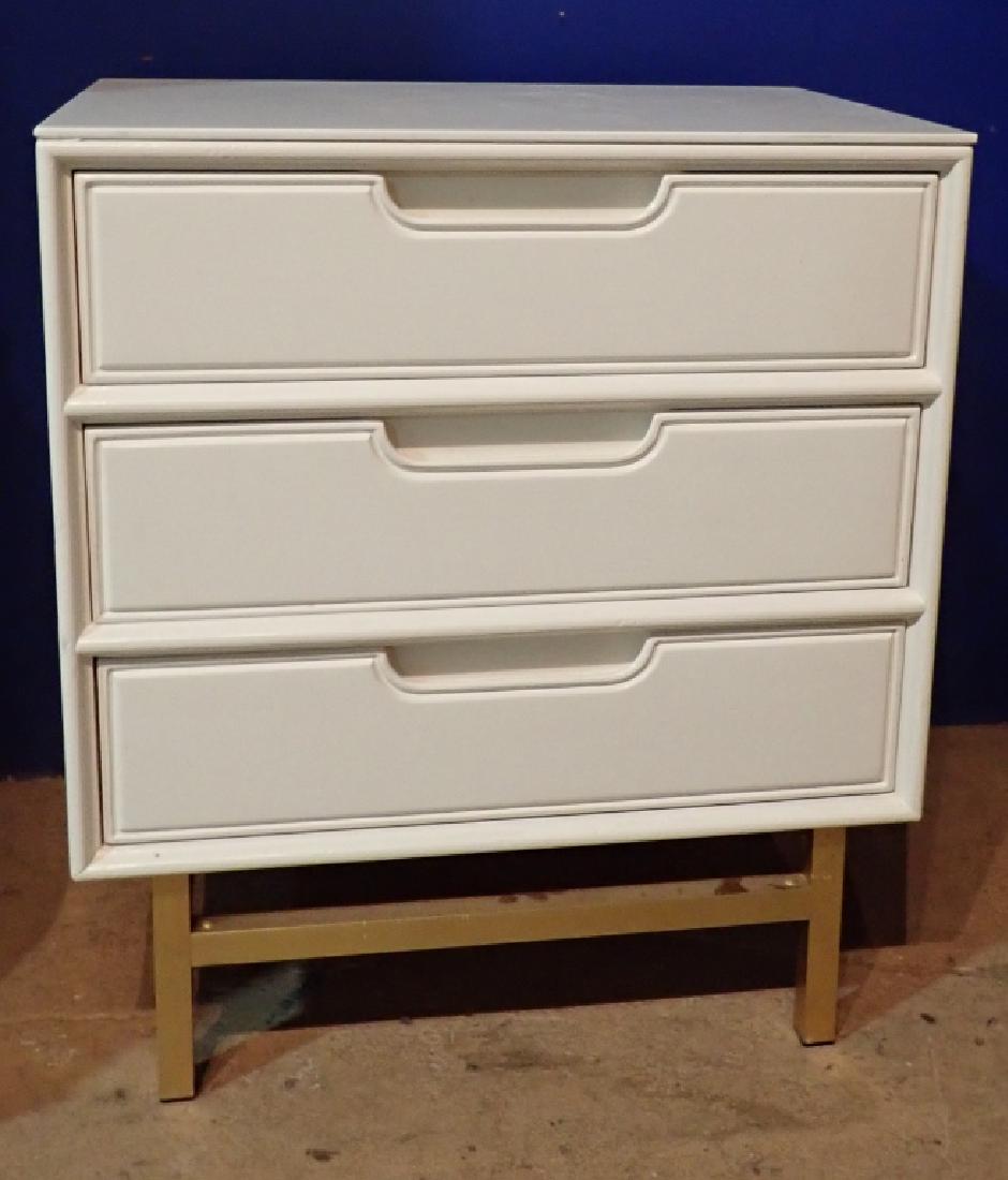 Mid-Century Modern Dresser with Opaline Glass Top: From the Estate of Joyce Dankoff. Mid-Century Modern White Dresser with Opaline Glass Top and 3 drawers. No noticeable maker's mark. Imperfections. Dimensions: 28" H x 24.25" W x 16" D. (Knoll, Italia