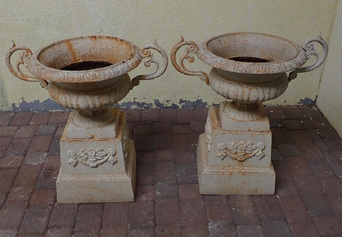 Pair of Painted Cast Iron Urns on Pedestals (1 of 6)