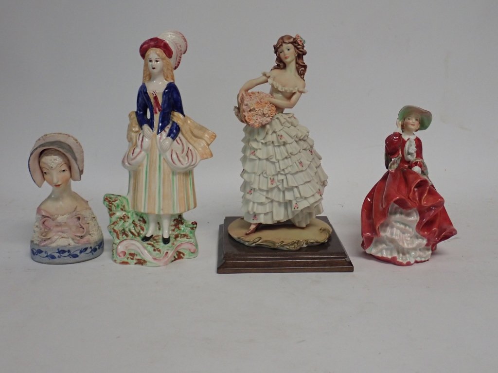Group of 4 Porcelain Lady Figurines: Group of 4 Porcelain Lady Figurines. Maker's marks include: Sampson Smith, Royal Doulton, and possibly Capodimonte. Imperfections. Dimensions: 10" H x 6" W x 6" D (figure on wooden base).(bone china,