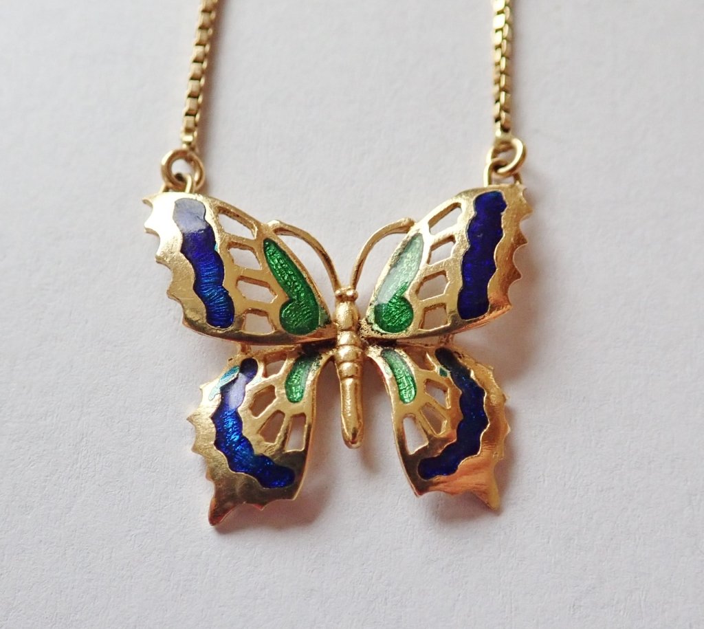 18K Yellow Gold & Enamel Butterfly Necklace