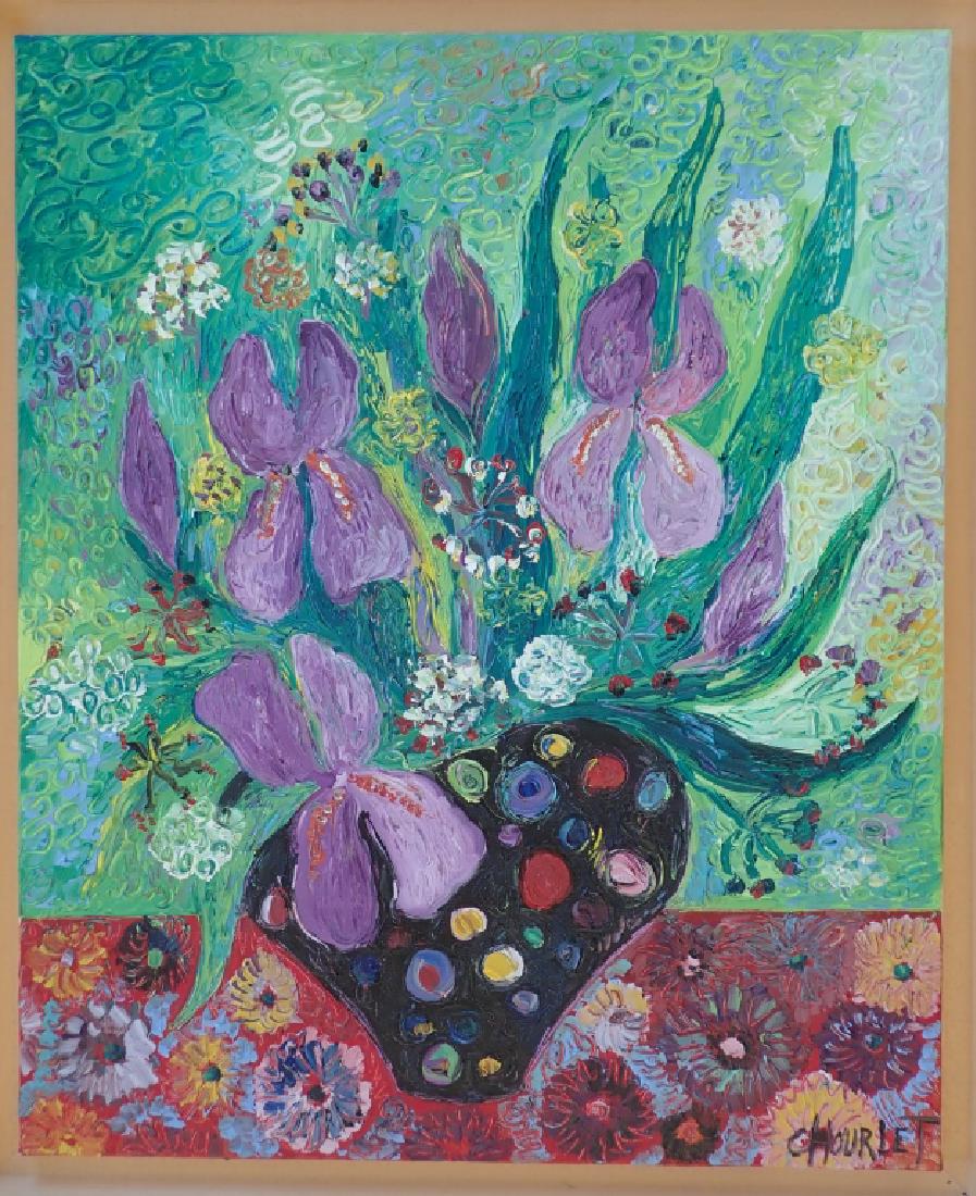 Celine Chourlet (France, 1969) Oil Still Life: Oil on canvas Floral still life painting by Celeine Chourlet. Signed lower right corner. Titled, signed and dated on reverse. Framed, no glass. Height: 26 3/4"; Width: 22 1/4". Image size: 24" x 19 3/