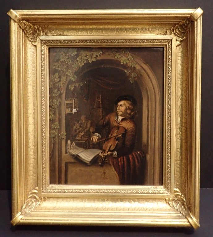 Oil Painting, Violinist under Roman Arch, Signed: 19th Century Oil on Tin signed verso featuring musician playing his violin in a window. Back of tin signed possibly reading Jerome A. Rippon Providence RI. Gilt Frame. Height: 1'; Width 10 11/32"STERL