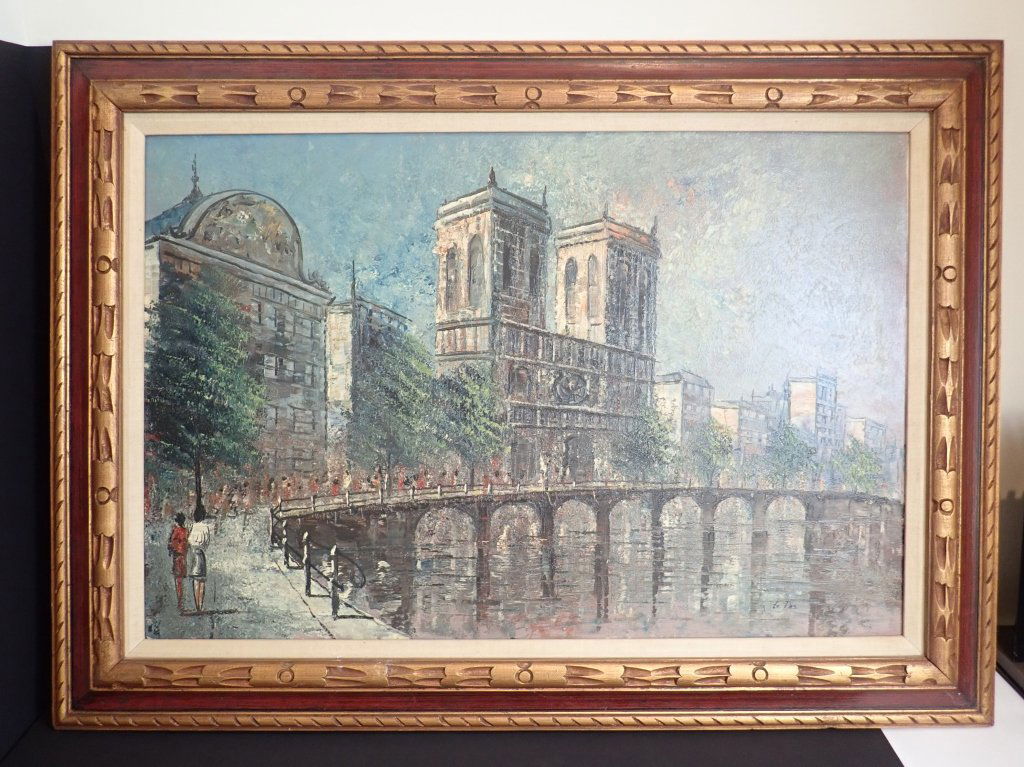 Framed Oil Painting, Church and Bridge (1 of 8)
