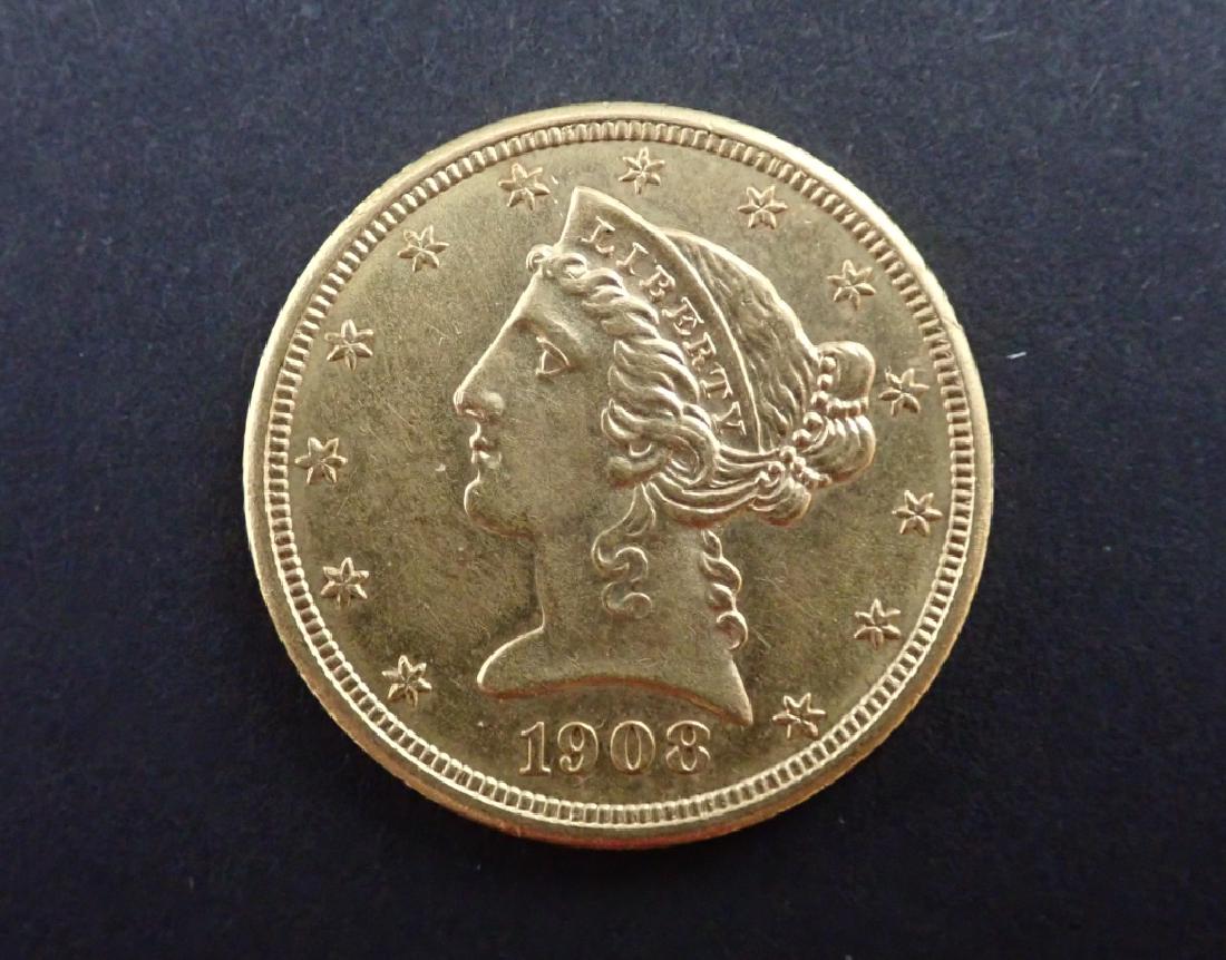1908 Liberty Five Dollar Gold $5 Coin: Liberty Five Dollar Gold Coin dated 1908. (National, USA, money, collecting, Numismatics, currency) STERLING ASSOCIATES STRIVES TO PROVIDE ACCURATE, OBJECTIVE, & FAIR INFORMATION ON ALL LOTS. WE WILL 