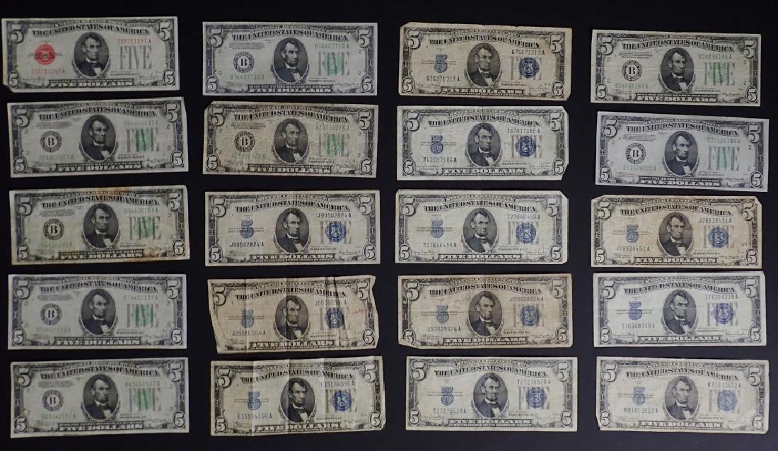 Collection of 20 Five Dollar Bills: Assortment of twenty vintage $5 bills. Includes Five Dollar Bill Red Seal Note, $5 Five Dollar Bill Silver Certificate Blue Seal Notes. (money, collecting, Numismatics, currency, eagle, E Pluribus Unu