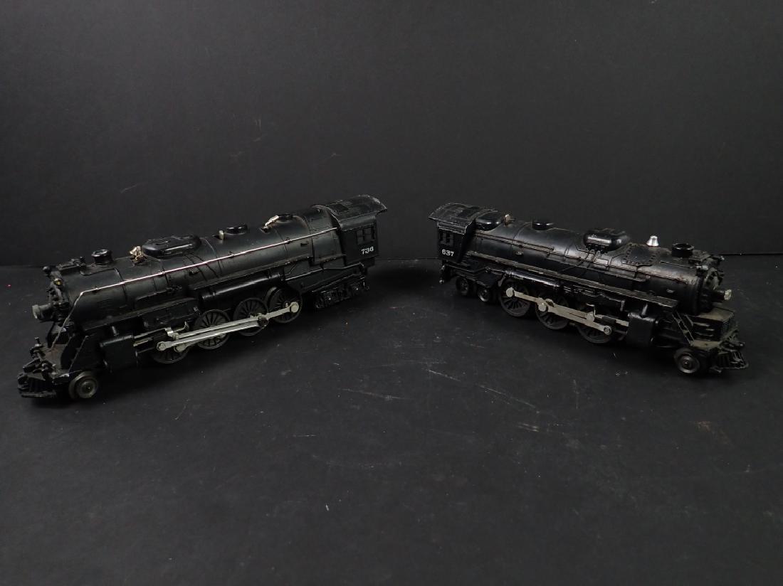 Two Lionel Locomotives, No. 637 and No. 736: Lot includes: Lionel No. 637 Steamer Locomotive Postwar Model Train; Lionel No. 736 Berkshire Steam Locomotive Model Train, broken or missing piece(s) front underside, see pictures for reference. Impe