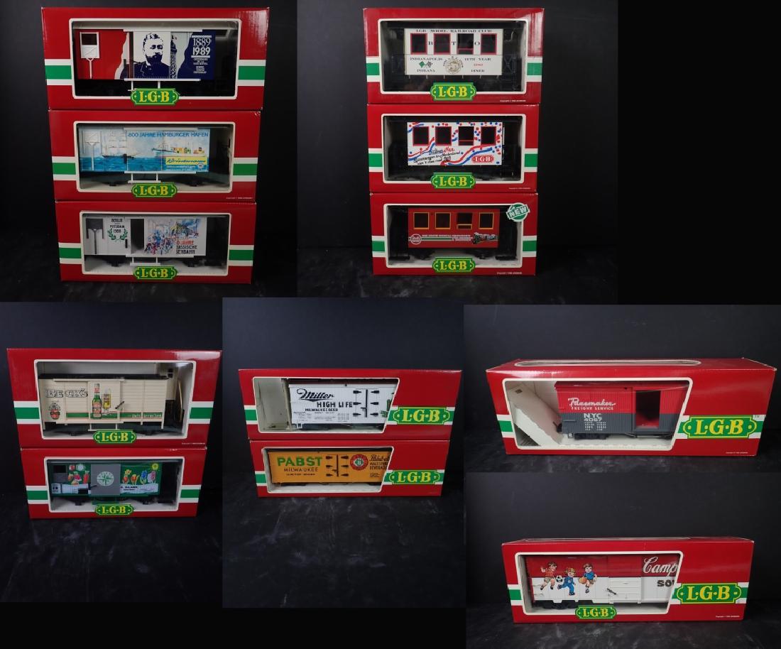 Vintage LGB Train Car Collection: 12 assorted vintage LGB train cars with original boxes. Included: - LGB 4067 - F 01 Train / Pacemaker NYC Freight Car. - LGB 4072 & LGB 4074 Trains Beer Freight Cars: Two reefer train cars in original