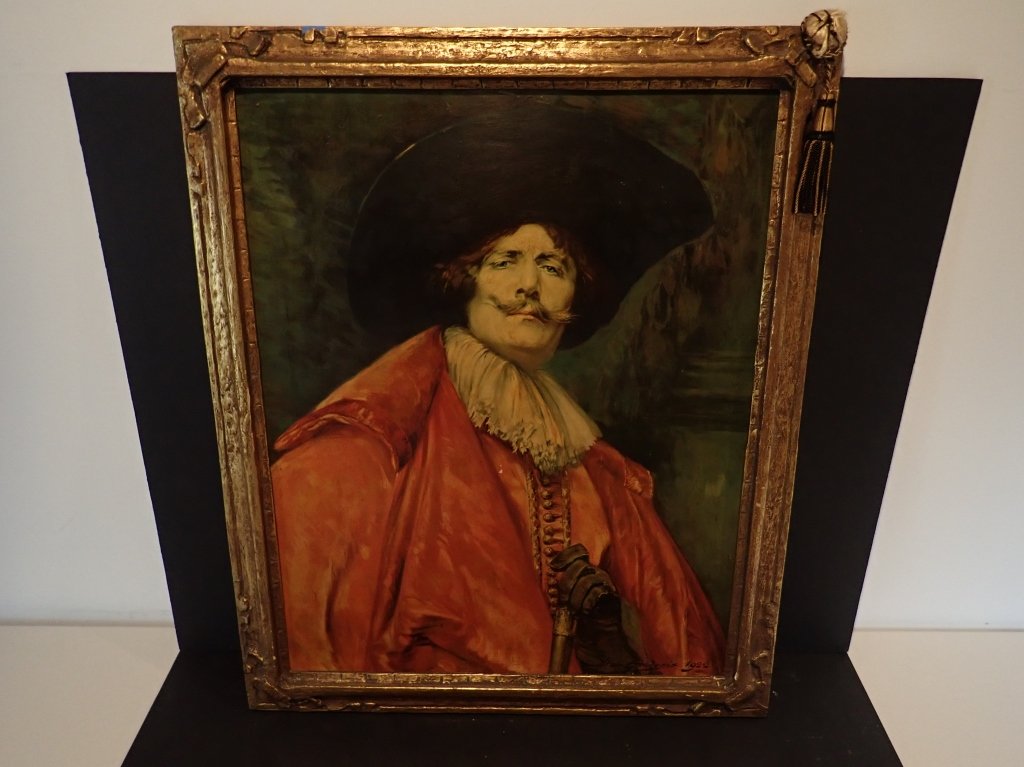 Alex De Andreis (1880 - 1929) "Cavalier": Framed varnished print on Canvas. Titled "Cavalier", signed LR "Andreis 1922", portrait of a mustachioed cavalier with brown leather gloves, Classical / Neo-Classical style. Imperfections: Age, Small 