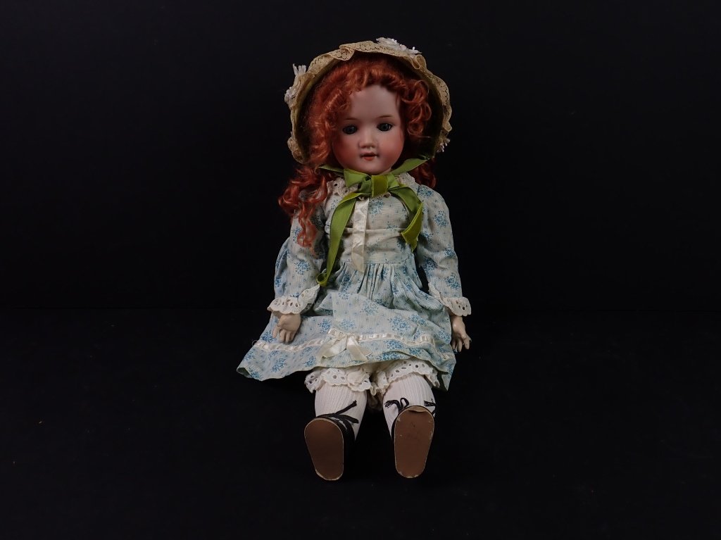 19th Century M.O.A. Bisque Head German Doll: Max Oscar Arnold Welsch Bisque / Porcelain Head Doll, Made in Germany, maker's mark on back of neck "MOA 200 Welsch Made in Germany E", girl doll with bue eyes and red hair, blue and white embroidered