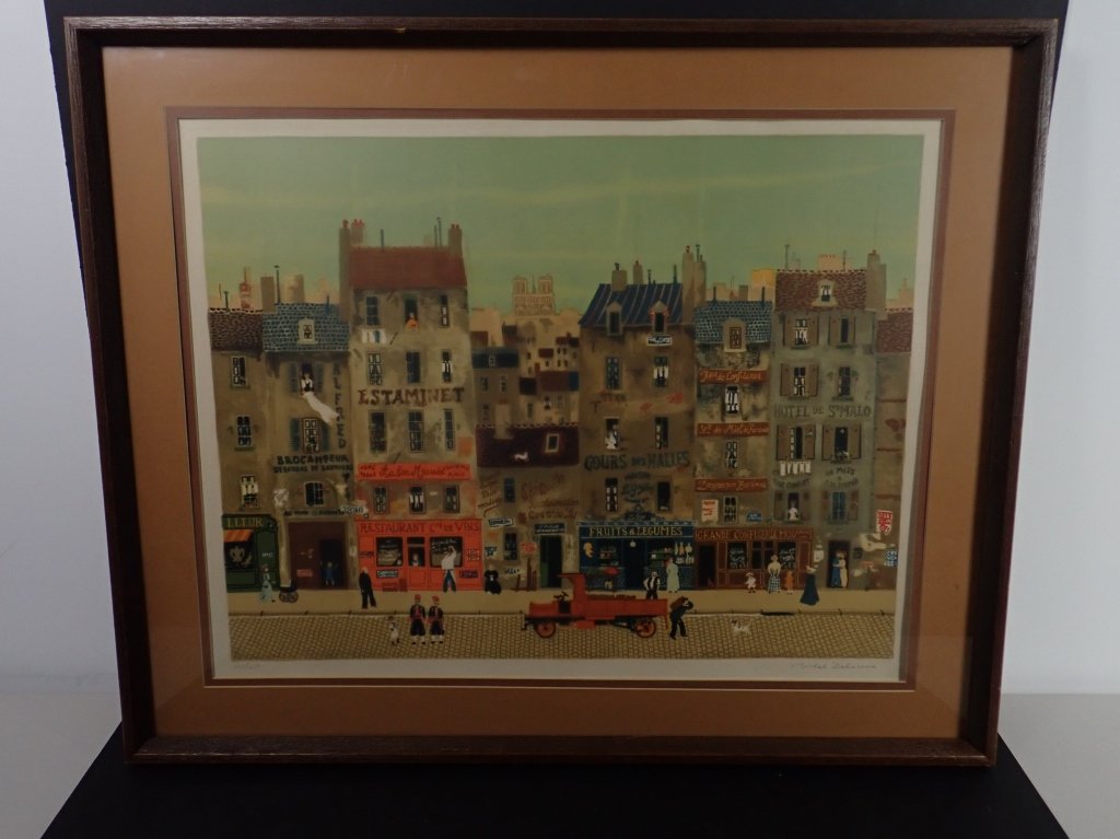 Michel Delacroix, French (b. 1933): Limited edition, signed Lithograph print of the original graphic / oil painting on canvas "Truck Scene" by French cityscape and historical scene painter Michel Delacroix, born 1933; signature in graph