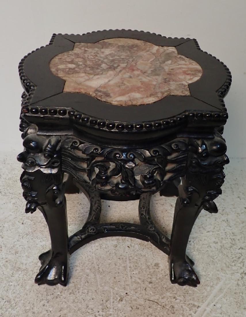 Low Chinese Marble & Hardwood Carved Side Table: Side table / pedestal features marble inset top, ball feet and cut-out design. Height; 18 1/4:; Width: 15 1/2" (furniture, accent piece, interior design, Asian) STERLING ASSOCIATES STRIVES TO PROVIDE 
