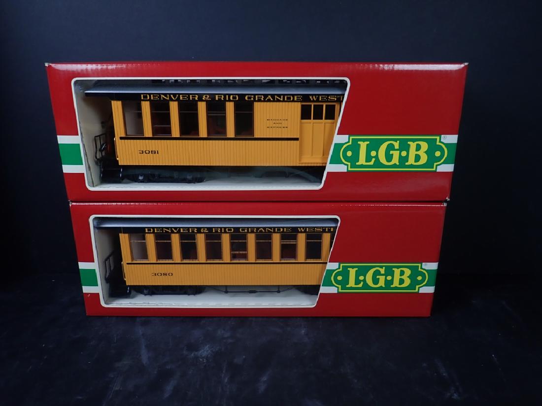 2 LGB Denver & Rio Grande West R.R. Train Cars: Lot includes: Pair (Two) of LGB (Lehmann Gross Bahn) Model Train Passenger Cars, Denver and Rio Grande West Railroad, Model Numbers: 3080 and 3081, made in W. Germany (West Germany). Both come in orig