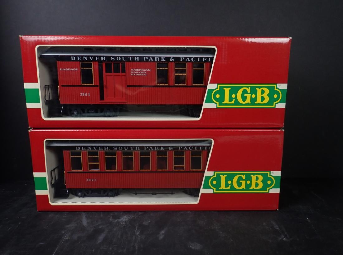 2 LGB Denver South Park & Pacific R.R. Train Cars: Lot includes: Pair (Two) LGB (Lehmann Gross Bahn) Model Train Passenger Cars, Denver, South Park and Pacific Railroad, Model Numbers: 3180 and 3181, made in W. Germany (West Germany). Both come in ori