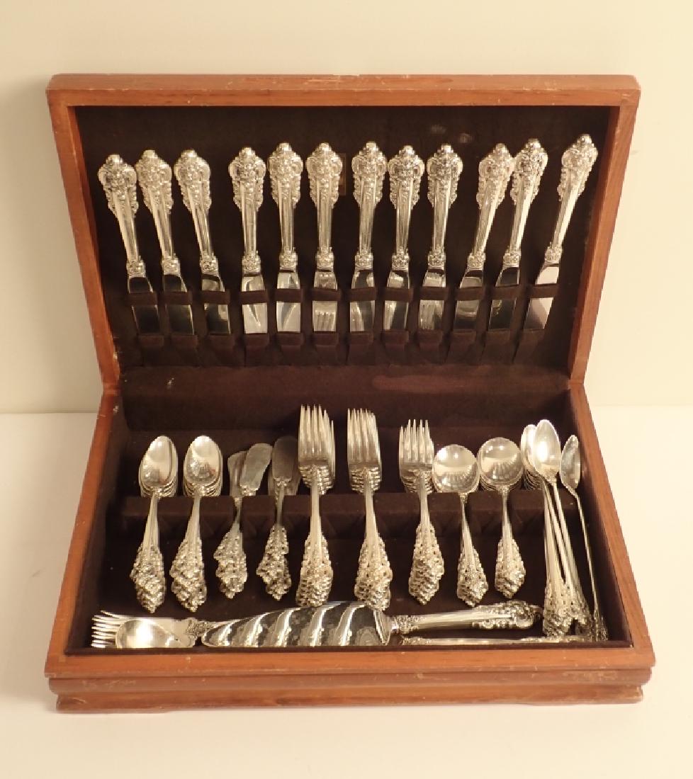 Grande Baroque By Wallace Sterling Silver Flatware: Grande Baroque By Wallace Silversmiths Sterling Silver Flatware Set. Includes: 12 forks (8") 9 salad forks (6.625") 11 butter spreaders (6.375") 11 soup spoons (6.125") 18 tea spoons (6.25") 12 iced t