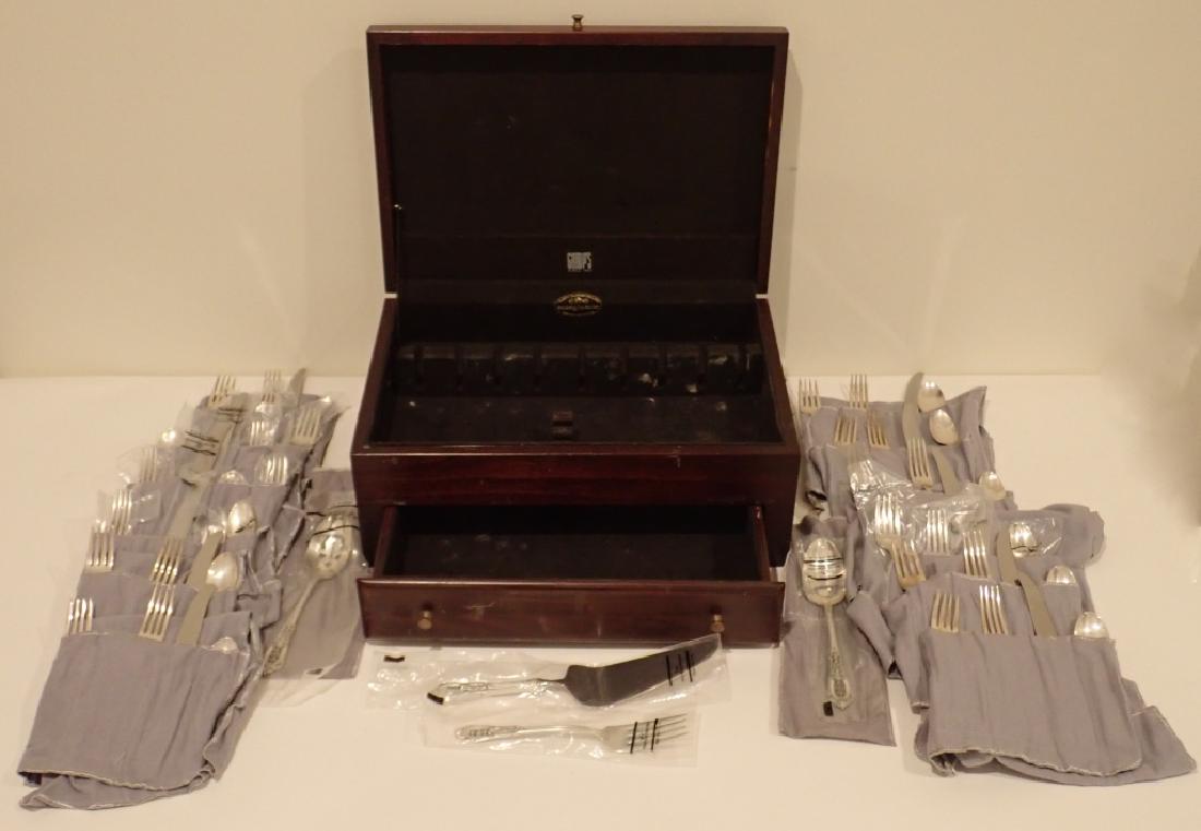 Rose Point By Wallace Sterling Silver Flatware Set: Rose Point By Wallace Sterling Silver Flatware Set. Includes: 12 forks (7") 12 salad forks (6.375") 12 knives (9.125") 12 teaspoons (6") 1 pierced serving spoon (8.375") 1 serving spoon (8.375") 1 cak