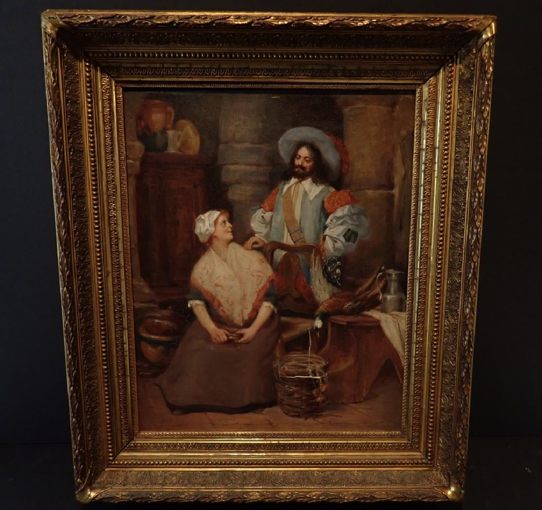 Oil Painting of Baroque Man and Woman, Signed: 19th Century framed Oil Painting on Canvas, signed lower left, illegible signature, scene depicting a man with rapier and ruffled formal attire standing behind a woman seated in common / peasant cloth