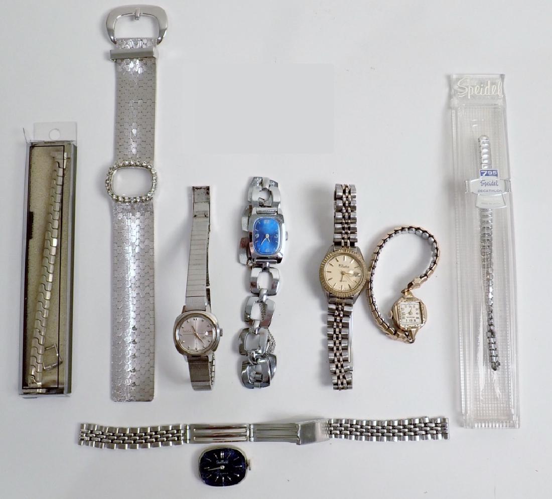 Womens Stainless Watch Collection: Assortment includes 5 women's watches plus three bands. Makers: Timex, Dufonte, Bulova & Sheffield. Imperfections. Length of Sheffield: 81/2". (timepiece, jewelry, accessory) STERLING ASSOCIATES STRIV
