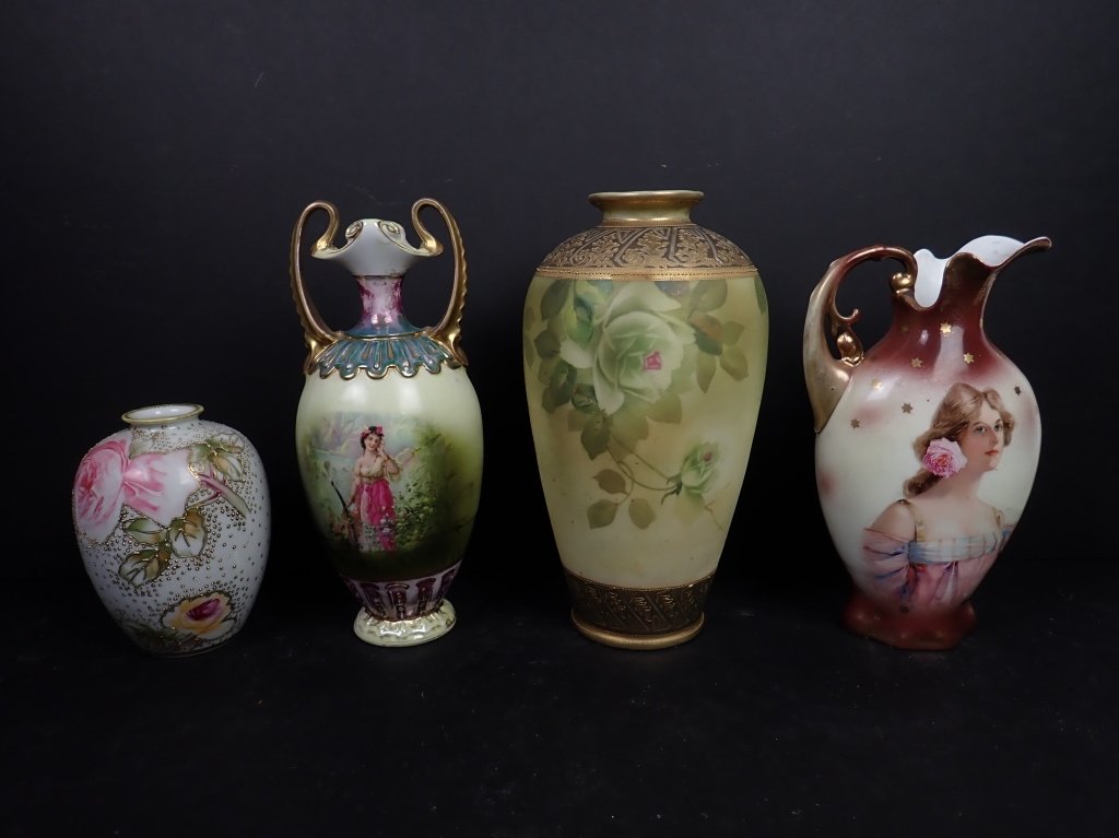 4 Vintage Hand-Painted Porcelain Vases: Lot includes: Four (4) ornately painted porcelain vases / urns: one (1) "Nippon" white vase with painted floral motif and gold beading, maker's mark on underside; one (1) "Victoria Austria" gold-paint