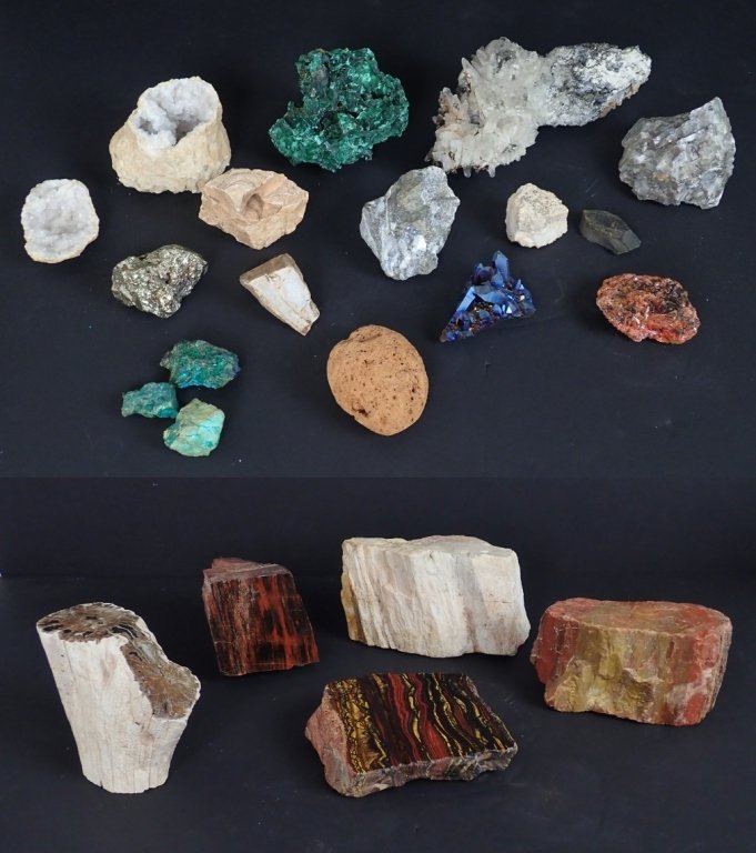 Assortment of Crystals, Geodes, Stones & More: 17 pieces of natural stone and crystal specimens. Quarts crystal stone height: 3"; Width: 8 3/4"; Depth: 3 1/4". Stone, Rock & Petrified Wood Specimens - Five assorted collectible stone, rock & petrif