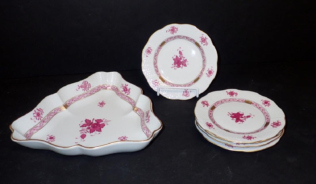 Herend Chinese Bouquet Raspberry Serving Set: Hand Painted Chinese Bouquet Raspberry (AP) by Herend. Crafted in Hungary Includes Five Bread & Butter Plate; Width: 6 1/2 in. Numbered 516/AP. Triangular 10" Fruit / Vegetable Serving Bowl. Numbered 