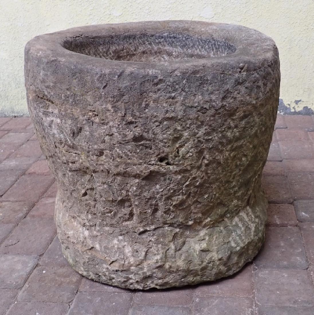 18th Century Circular Stone Trough: Antique circular stone hand carved vessel. Imperfections, age. Height: 18 1/2"; Width: 19"; Depth: 18". (Mortar, indoor / outdoor decorations, architectural element) STERLING ASSOCIATES STRIVES TO PRO