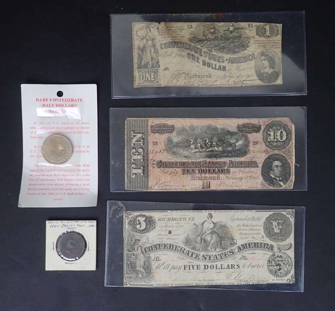 Confederate States of America Currency Assortment: Collection of Confederate States of America Currency. Includes: One each: One, Five & Ten Dollar Bills, 1861 Half Dollar Coin and 1787 New Jersey Confederated Sates One Cent Coin. Ten dollar bill appr