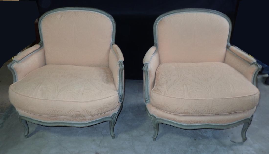 Pair of Bergere Upholstered Arm Chairs: 19th Century Arm Chairs. Imperfections. Height: 35"; Width: 33"; Depth: 30". Seat Height: 17". STERLING ASSOCIATES STRIVES TO PROVIDE ACCURATE, OBJECTIVE, & FAIR INFORMATION ON ALL LOTS. WE WILL BE HA