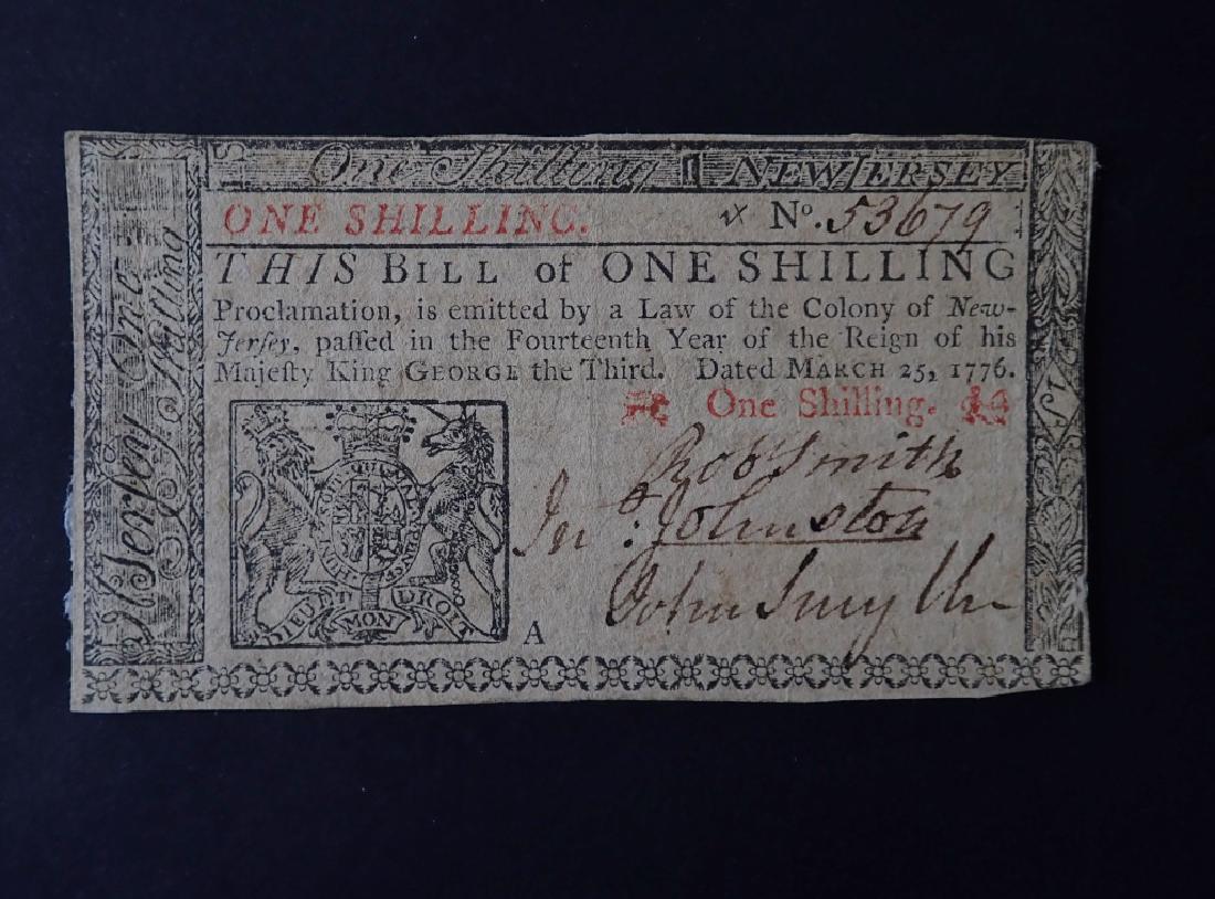 One Shilling Colonial Currency New Jersey 1776: New Jersey Currency March 25, 1776 New Jersey 1 Shilling Colony of New Jersey. March 25, 1776. One Shilling. Signed, numbered and dated. No. 53679 upper right corner. Lower right features three signat