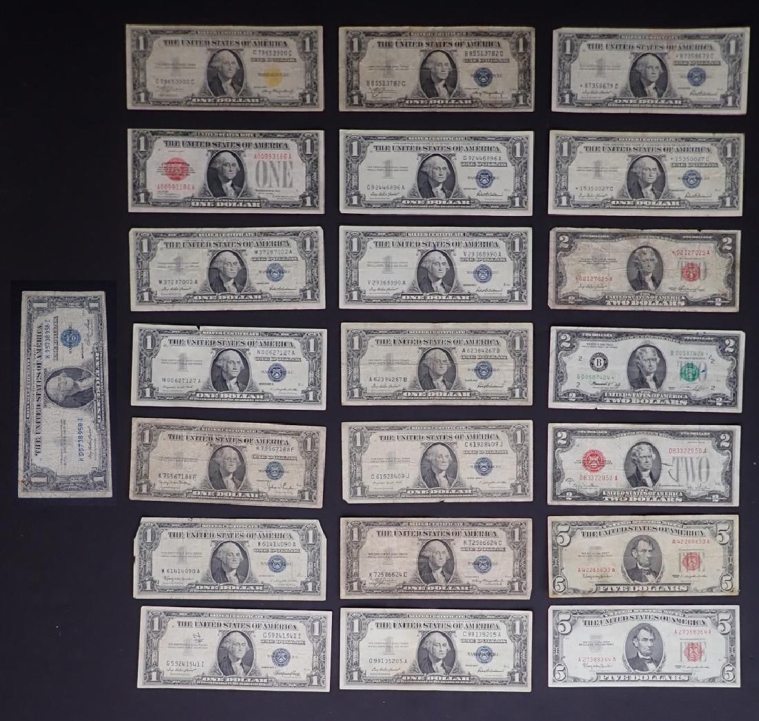 Yellow, Blue & Red Seal US Bills: 22 Bills include: - 1957 Silver Certificate One Dollar Bills - 1935a Yellow Seal One Dollar Silver Bills - 1928 Red Seal Five Dollar Bills - 1928 & 1953 Red Seal Two Dollar Bills And more. (currency,