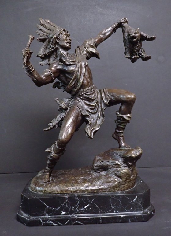 After Carl Kauba Bronze Sculpture Indian With Bear: Vintage Bronze Sculpture Native American with Bear Cub. Marble Base. Carl Kauba (1865 - 1922) Carl Kauba was active/lived in Austria, United States. Carl Kauba is known for sculpture-western figure, N