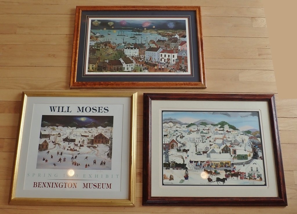 Three Signed & Numbered Will Moses Lithographs: Collection of three framed Will Moses Prints. Will Moses (born 1956) is active/lives in New York. Will Moses is known for folk art style painting, illustration, serigraph.Signed Spring 1990 Exhibit Be
