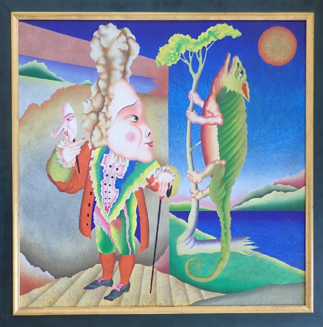 Mihail Chemiakin (Russian) "Noon with a Chameleon": MIHAIL CHEMIAKIN (RUSSIAN B. 1943). Titled Noon with a Chameleon.Serigraph / Giclee on canvas Numbered 3 / 97 lower left. Signed lower right.Shows craquelure. Framed. Mikhail Shemyakin Height: 42 1/2"