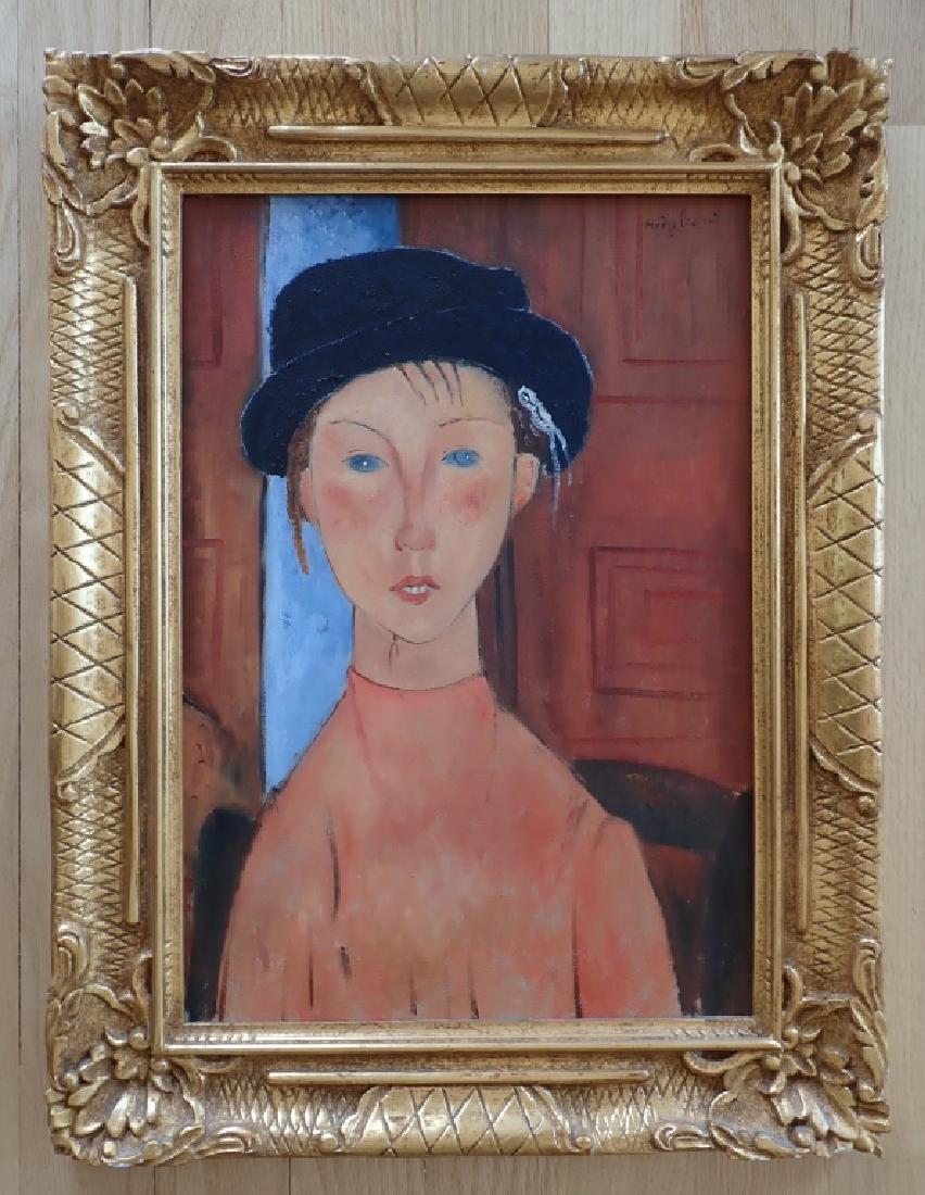 In the manner of Amedeo Modigliani: Framed oil painting on canvas features female figure wearing a hat. Height: 25 1/4"; 19 1/4". Image size: 19 1/8" x 13 1/4". Imperfections. STERLING ASSOCIATES STRIVES TO PROVIDE ACCURATE, OBJECTIVE,