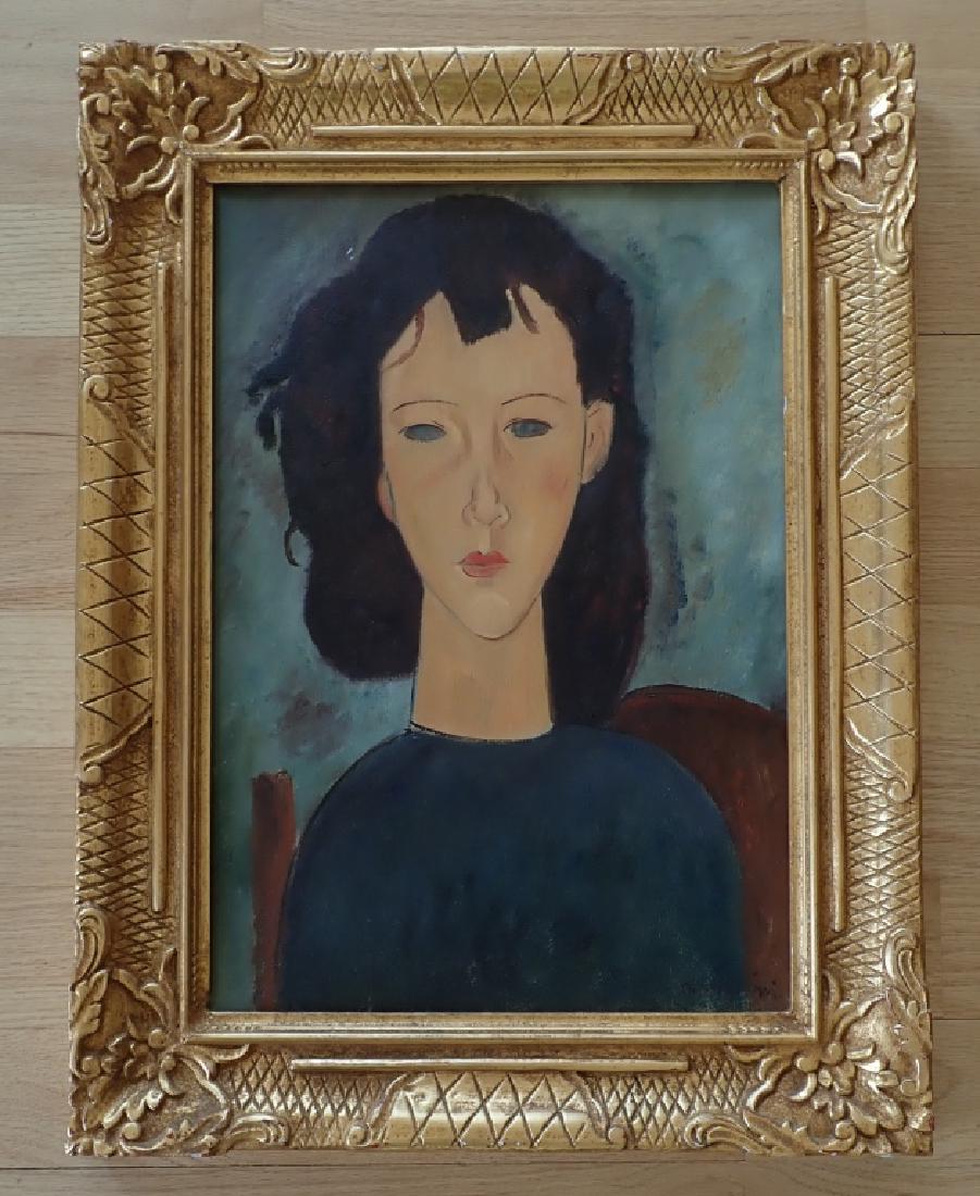 In the manner of Amedeo Modigliani: Framed oil painting on canvas features female figure in blue. Height: 25 1/4"; 19 1/4". Image size: 19 1/8" x 13 1/4". Imperfections. STERLING ASSOCIATES STRIVES TO PROVIDE ACCURATE, OBJECTIVE, & FAIR