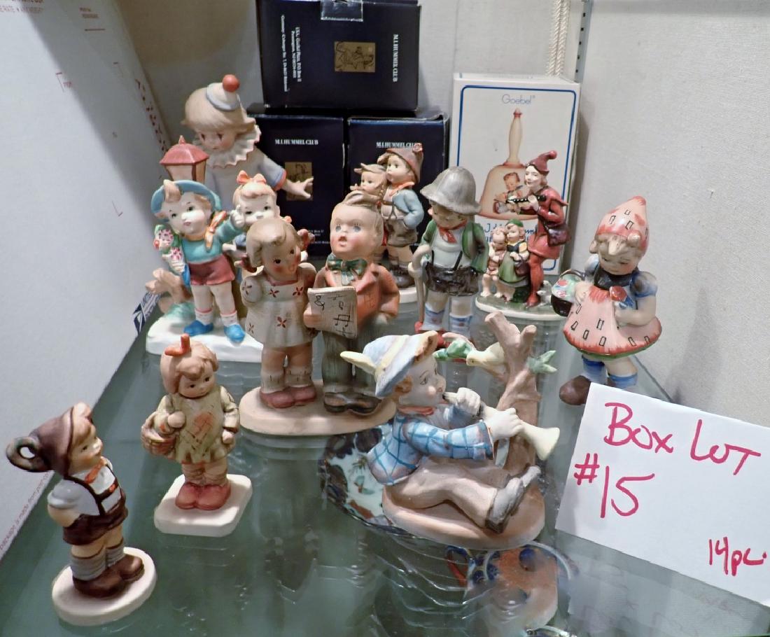 Box Lot #15 Goebel Hummel Porcelain Figurines +: 14 piece lot includes: Goebel Hummel Porcelain figurines, bell and more. 3 figurines include Hummel Club box, bell also includes box. Maker's marks. 7.5" H x 3.25" W x 5.25" D (clown figurine). Imperf