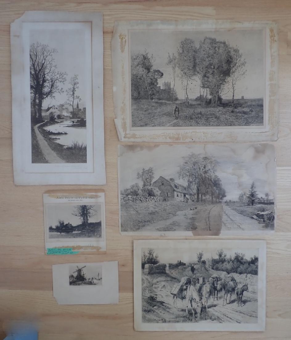 Selection of Antique Landscape Engravings: Six engravings, etchings or prints. Signed in plate engravings. Includes: - Jean-Baptiste-Camille Corot (1796 - 1875) features a figure in a field. - Peter Moran (1841 - 1914) features horses - Windmi