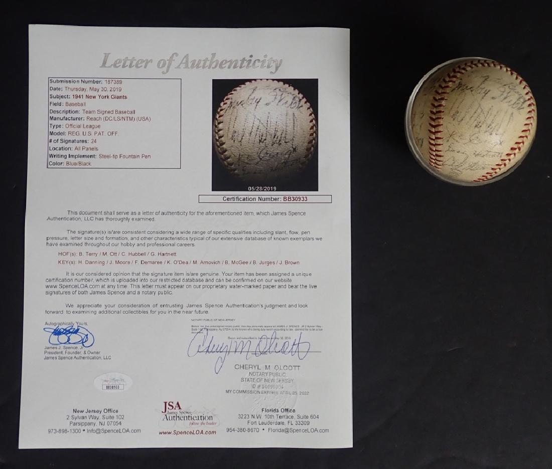 1941 New York Giants Team Signed Baseball: JSA Certified NY Giants Signed Baseball. 1941 New York Giants Team Signed Baseball. Signatures include: Hall of Famers: Bill Terry, Mel Ott, Carl Hubbell and Gabby Hartnett. Key players: H. Danning, J