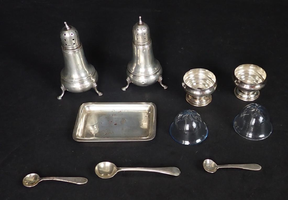 Sterling Silver Salt Cellars, Spoons & Shakers: Eight pieces of sterling silver salt & pepper serving ware. Includes: - Pair of salt cellars with removable glass inserts. Bottoms marked: Sterling / Peru / 859, with makers mark. Height with inserts:
