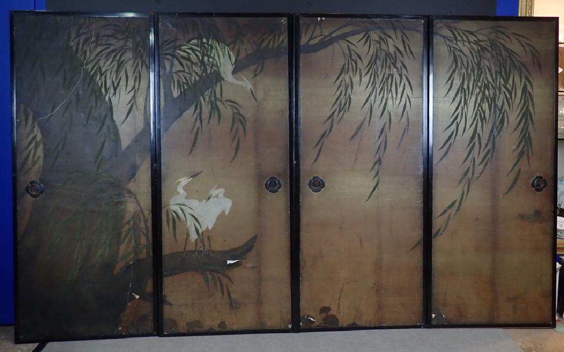 18th C Kano Japanese Four Panel Fusama / Screen: Four Fusama of Herons under Willow tree. Circa 1650-1700 Kano School Black lacquered frames. Imperfections, age. Consignor had purchased from Naga Antiques, NYC. Height: 68 1/4"; Width: 28 3/4" (each 