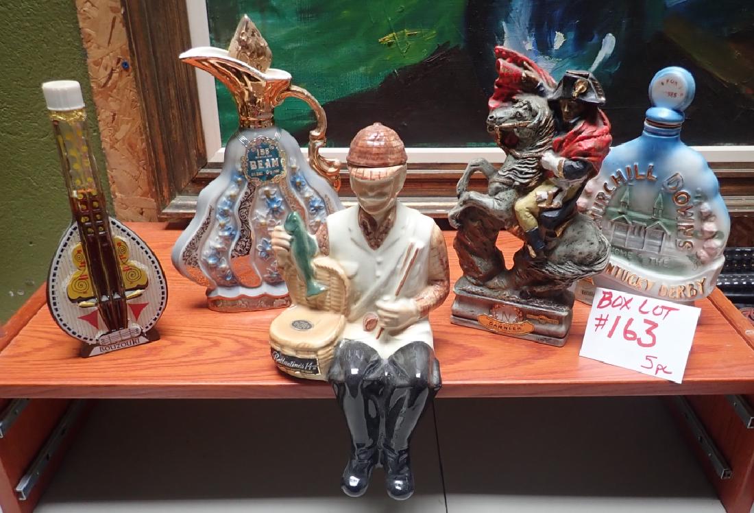 Box Lot #163 Vintage Ceramic Liquor Bottles: 5 piece lot includes: Vintage Ceramic Liquor Bottles - Jim Beam -155 Month Old Beam - 1969 Ballantines Scotch Whiskey fisherman bottle - Emperor Napoleon 1969 Garnier - 1980s Greek Bouzouki Dessert Wi